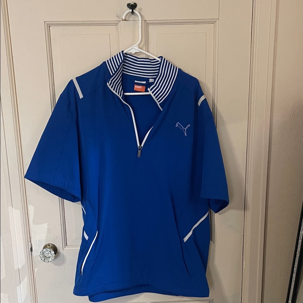 Puma Royal Blue Quarter-Zip Short Sleeve Performance Jacket with White Trim